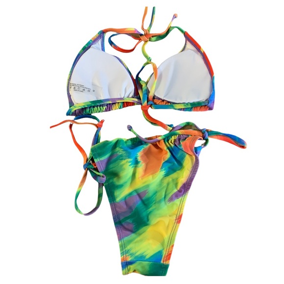 Multicolor Blue Yellow Halter Lined Brazilian Bikini - Picture 7 of 13